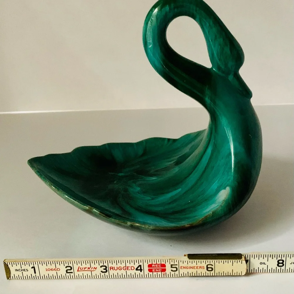 Vintage Blue ? Mountain Pottery Canada Swan Trinket Dish Redware Green Blue MCM